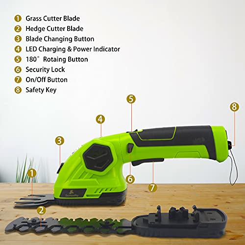 SOHONRY 2 in 1 Cordless Grass Shears Handheld Grass Hedge Trimmer, Electric Grass Clippers Shrub Bush Trimmer for Garden, with Rechargeable 8V Battery and Charger Included