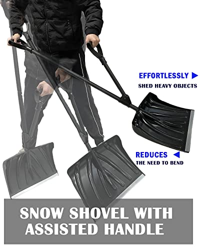 Snow Shovel for Driveway - 18-in Strain-Reducing Snow Shovel with Assisted Handle, Multifunction Emergency Snow Shovel, Lightweight Portable Sport Utility Shovel for Car Home Garage Garden (Black)