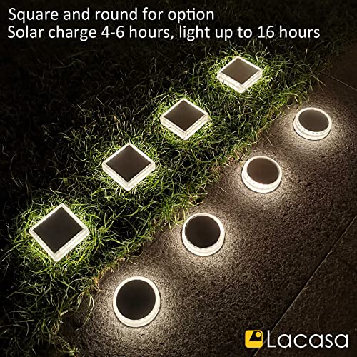 Lacasa Solar Deck Lights Outdoor Waterproof LED, Step Lights Solar Powered Driveway Dock Lights Marine, White 4000K, Dusk to Dawn, Stick on Ground for Garden Steps Yard Patio Pathway, Square, 4 Pack