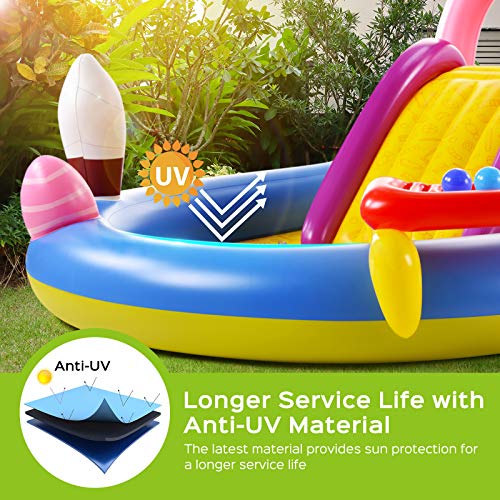 Inflatable Play Center, Hesung 115" X 70" X 44" Full-Sized Kiddie Pool with Slide, Fountain Arch, Ball Roller for Toddler, Kids, Baby, Thick Wear-Resistant Big Above Ground, Garden Backyard Water Park