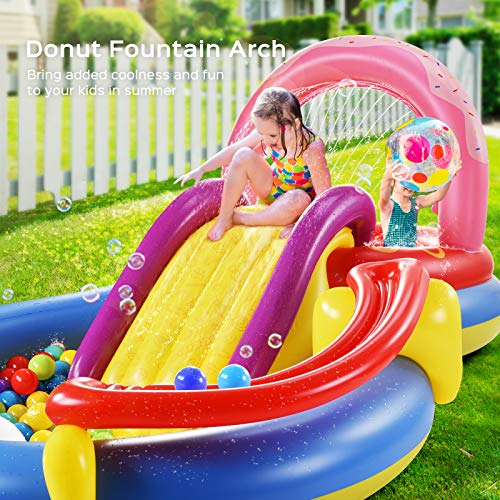 Inflatable Play Center, Hesung 115" X 70" X 44" Full-Sized Kiddie Pool with Slide, Fountain Arch, Ball Roller for Toddler, Kids, Baby, Thick Wear-Resistant Big Above Ground, Garden Backyard Water Park