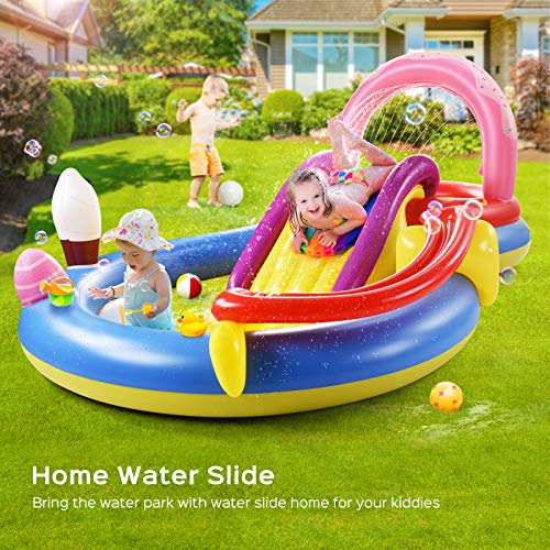 Inflatable Play Center, Hesung 115" X 70" X 44" Full-Sized Kiddie Pool with Slide, Fountain Arch, Ball Roller for Toddler, Kids, Baby, Thick Wear-Resistant Big Above Ground, Garden Backyard Water Park