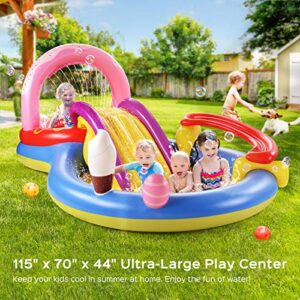 Inflatable Play Center, Hesung 115" X 70" X 44" Full-Sized Kiddie Pool with Slide, Fountain Arch, Ball Roller for Toddler, Kids, Baby, Thick Wear-Resistant Big Above Ground, Garden Backyard Water Park