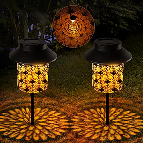 Bownew Outdoor Pathway Solar Lantern Outside Waterproof Metal Solar Powered Lights Decor for Garden Patio Deck Lawn Yard Porch Balcony, 2 Pack