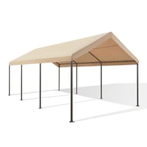 gardesol carport, 12’ x 20’ heavy duty car canopy with powder-coated steel frame, easy to assemble portable garage for car, boat, party tent with 180g pe tarp for wedding, garden, 8 legs, beige