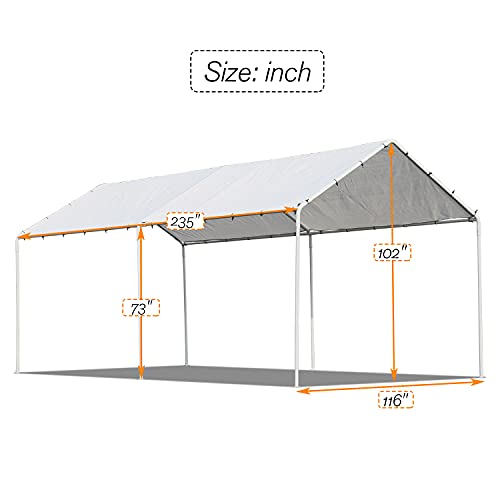 Car Ports 20x10 Heavy Duty Metal Carports Party Tent Portable Garage for Wedding, Garden Storage (White), 235 inch x116 inch x102 inch