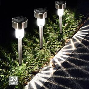 pemuise solar lights outdoor 24 pack solar path lights waterproof solar walkway lights stainless steel outdoor decor garden led lights for landscape/patio/lawn/yard/driveway (cold white)