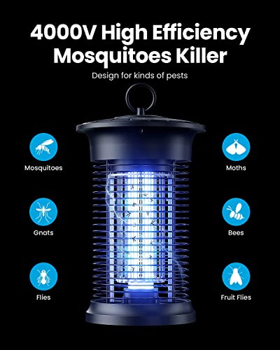 Gaiatop Bug Zapper Outdoor, 4000V 18W Mosquito Zapper Outdoor with 5ft Power Cord, Waterproof Electric Insect/Fly Trap Zapper Killer for Home Backyard Garden Patio - Black