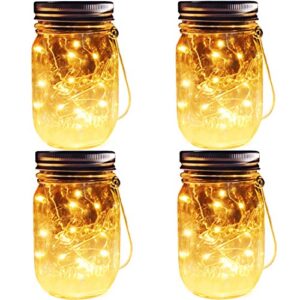 solar mason jar lights, 4 pack 30 leds waterproof fairy firefly string lights build-in glass mason jar, best patio garden decor solar hanging lanterns outdoor warm white (4 pack-mason jars included)