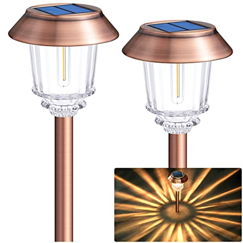 DenicMic Solar Garden Lights Outdoor Pathway Lights Glass Stainless Steel Waterproof Solar Powered Landscape Lights for Yard Patio Lawn Path Walkway, Super Bright 12-40 Lumens, 2 Pack