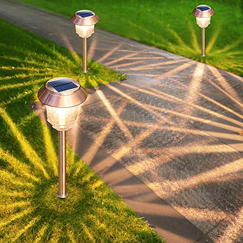 DenicMic Solar Garden Lights Outdoor Pathway Lights Glass Stainless Steel Waterproof Solar Powered Landscape Lights for Yard Patio Lawn Path Walkway, Super Bright 12-40 Lumens, 2 Pack