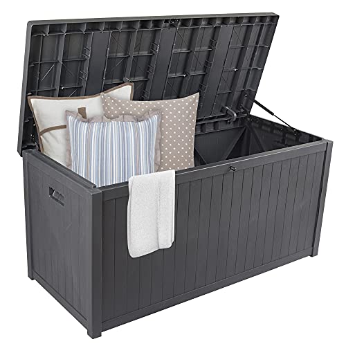 SUNVIVI OUTDOOR 120 Gallon Deck Storage Box with Hydraulic Hinge, Resin Patio Storage Bin with Lockable Lid, Waterproof Outside Storage Container for Cushions, Pool Supplies, Garden Tools, Grey