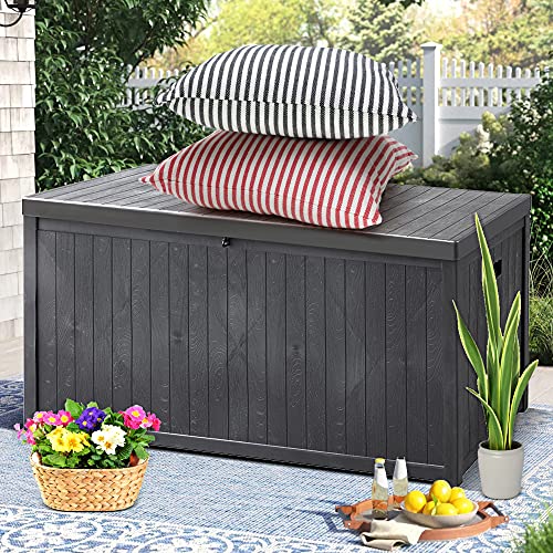 SUNVIVI OUTDOOR 120 Gallon Deck Storage Box with Hydraulic Hinge, Resin Patio Storage Bin with Lockable Lid, Waterproof Outside Storage Container for Cushions, Pool Supplies, Garden Tools, Grey