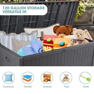 SUNVIVI OUTDOOR 120 Gallon Deck Storage Box with Hydraulic Hinge, Resin Patio Storage Bin with Lockable Lid, Waterproof Outside Storage Container for Cushions, Pool Supplies, Garden Tools, Grey