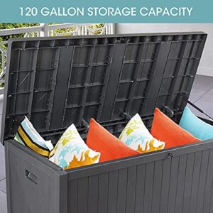 SUNVIVI OUTDOOR 120 Gallon Deck Storage Box with Hydraulic Hinge, Resin Patio Storage Bin with Lockable Lid, Waterproof Outside Storage Container for Cushions, Pool Supplies, Garden Tools, Grey