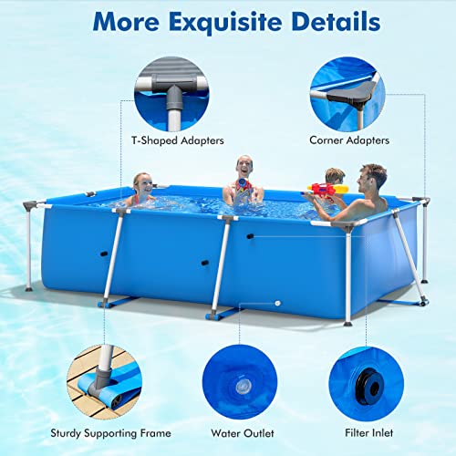 Goplus Frame Swimming Pool, 10ft x 6.7ft x 30in Rectangular Above Ground Pools W/Steel Frame, Pool Cover, Easy Setup & Drainage, Family Pool for Backyard, Garden,Patio, Balcony (Blue)