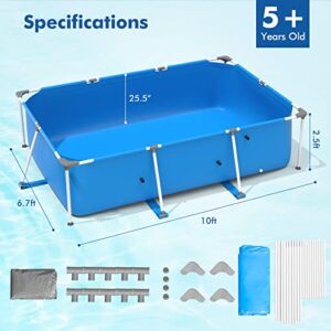 Goplus Frame Swimming Pool, 10ft x 6.7ft x 30in Rectangular Above Ground Pools W/Steel Frame, Pool Cover, Easy Setup & Drainage, Family Pool for Backyard, Garden,Patio, Balcony (Blue)