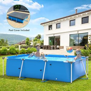 Goplus Frame Swimming Pool, 10ft x 6.7ft x 30in Rectangular Above Ground Pools W/Steel Frame, Pool Cover, Easy Setup & Drainage, Family Pool for Backyard, Garden,Patio, Balcony (Blue)