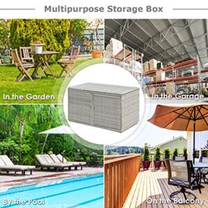 LDAILY Rattan Storage Box, Wicker Storage Box with 2 Shelves, Outdoor Deck Box, Backyard Garden Storage Box with Lid, Rattan Storage Box for Storing Accessories, Tools and Toys - Grey