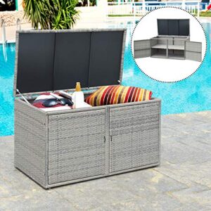 LDAILY Rattan Storage Box, Wicker Storage Box with 2 Shelves, Outdoor Deck Box, Backyard Garden Storage Box with Lid, Rattan Storage Box for Storing Accessories, Tools and Toys - Grey