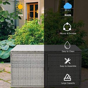 LDAILY Rattan Storage Box, Wicker Storage Box with 2 Shelves, Outdoor Deck Box, Backyard Garden Storage Box with Lid, Rattan Storage Box for Storing Accessories, Tools and Toys - Grey