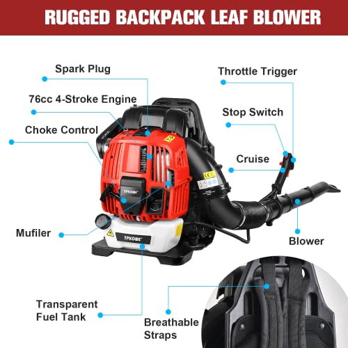 TPKOWE Backpack Leaf Blower, 76cc 4-Stroke Engine Portable Powerful Blowing and Low Fuel Consumption Gas Powered Leaf Blower, Cordless 76cc Blower for Yard, Garden, Lawn Care and Street Cleaning
