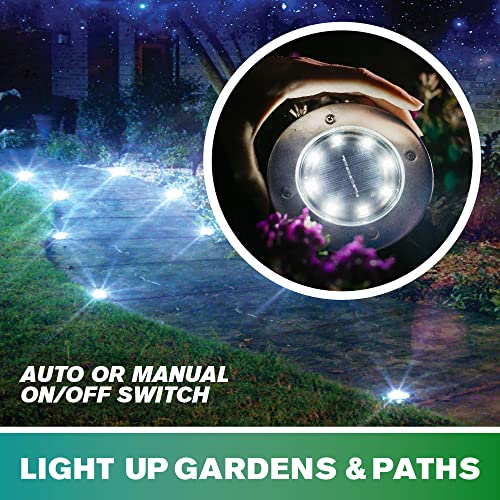 Bell+Howell Solar Disk Lights Automatic Outdoor Lighting, Super Bright LED Bulbs, Waterproof Rust-Free Stainless Steel Tops Great for Landscaping, Garden, Pathway As Seen On TV (Set of 8 Regular)