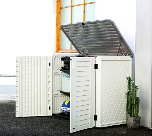 HOMSPARK Storage Shed Horizontal Outdoor Storage Box Weather Resistance, Multi-Purpose Shed Lockable with Floor - Durable Storage for Yard Toys, Garden Tools, Patio Accessories, Cream White