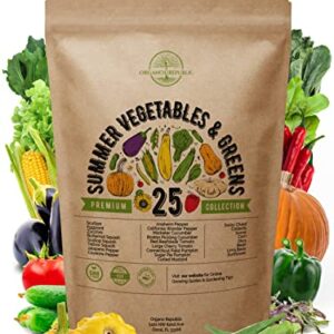 25 Summer Vegetable Garden Seeds Variety Pack for Planting Outdoors and Indoor Home Gardening 2500+ Non-GMO Heirloom Veggie & Salad Green Seeds: Collards Tomato Pepper Okra Onion Bean Cucumber & More