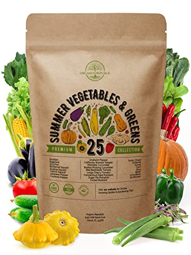 25 Summer Vegetable Garden Seeds Variety Pack for Planting Outdoors and Indoor Home Gardening 2500+ Non-GMO Heirloom Veggie & Salad Green Seeds: Collards Tomato Pepper Okra Onion Bean Cucumber & More