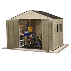 keter stronghold 10×8 large resin outdoor shed for patio furniture, lawn mower, and bike storage, taupe