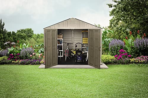 Keter Stronghold 10x8 Large Resin Outdoor Shed for Patio Furniture, Lawn Mower, and Bike Storage, Taupe