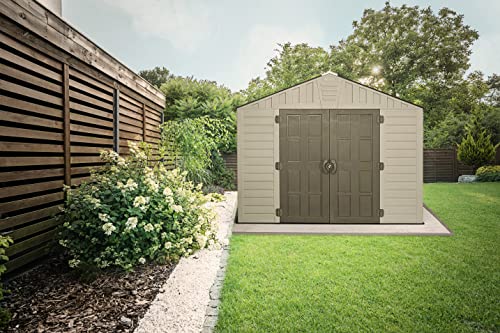 Keter Stronghold 10x8 Large Resin Outdoor Shed for Patio Furniture, Lawn Mower, and Bike Storage, Taupe