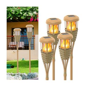 hwishare solar lights outdoor, 4pack solar torch light with flickering flame waterproof garden tiki torches for outside