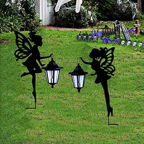 2 Pack Metal Fairy Solar Light Outdoor Decoration, Fairies Hanging Lantern with Ground Stakes Garden Decor, Black Decorative Sign Statue Silhouette Lamp for Outside Lawn, Patio Balcony Yard, Courtyard