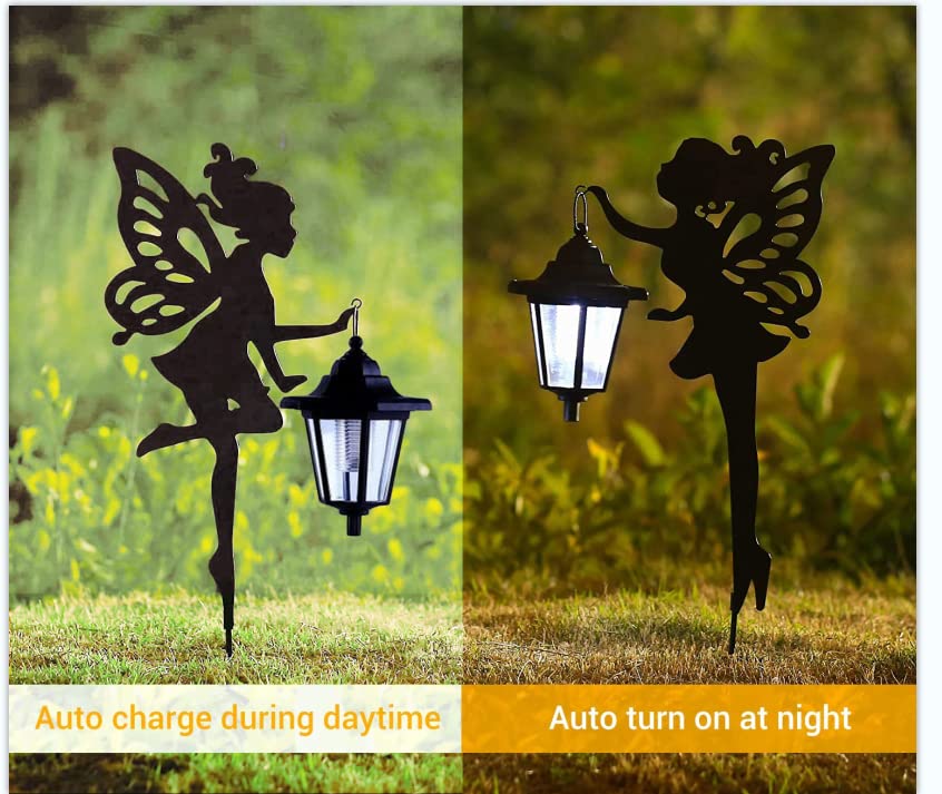 2 Pack Metal Fairy Solar Light Outdoor Decoration, Fairies Hanging Lantern with Ground Stakes Garden Decor, Black Decorative Sign Statue Silhouette Lamp for Outside Lawn, Patio Balcony Yard, Courtyard