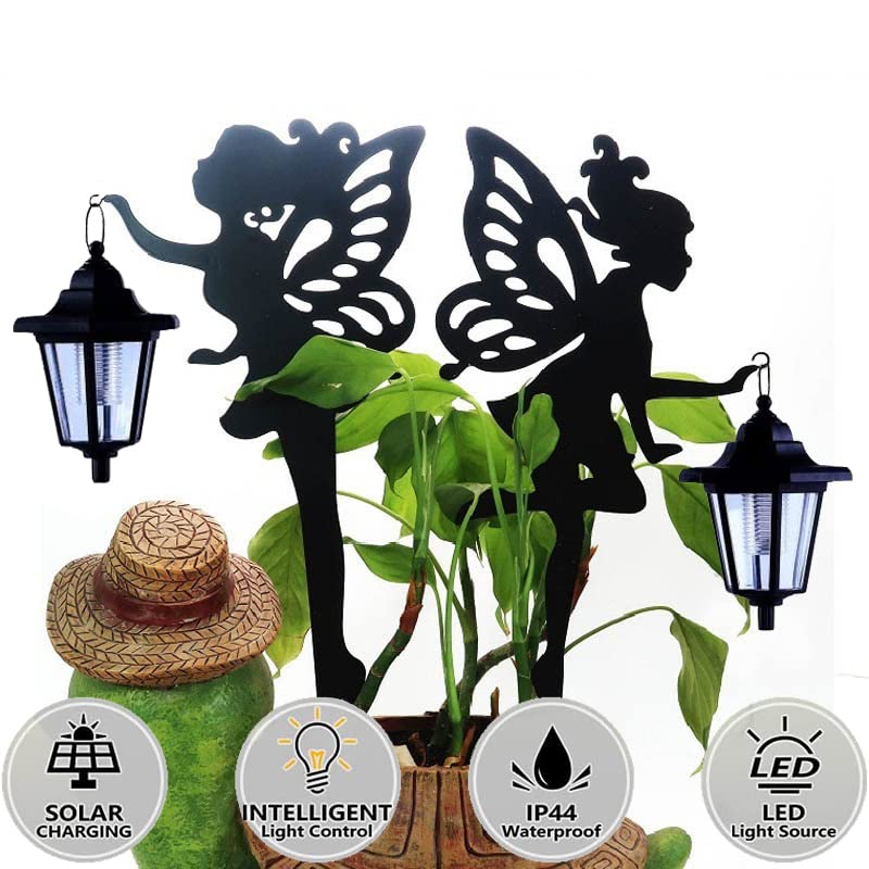 2 Pack Metal Fairy Solar Light Outdoor Decoration, Fairies Hanging Lantern with Ground Stakes Garden Decor, Black Decorative Sign Statue Silhouette Lamp for Outside Lawn, Patio Balcony Yard, Courtyard