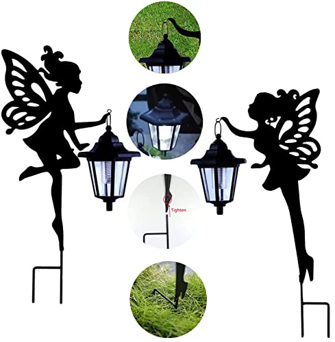 2 Pack Metal Fairy Solar Light Outdoor Decoration, Fairies Hanging Lantern with Ground Stakes Garden Decor, Black Decorative Sign Statue Silhouette Lamp for Outside Lawn, Patio Balcony Yard, Courtyard