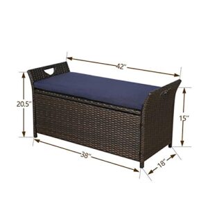 Ulax Furniture Outdoor Storage Bench, Deck Box for Patio Furniture, Rattan Style Deck Box w/Cushion (Navy)