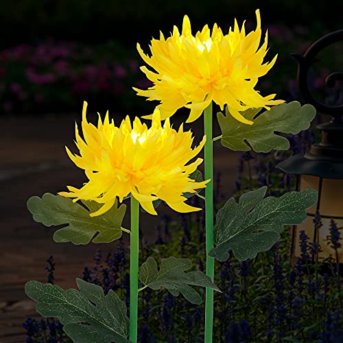 FORUP 2 Pack Solar Garden Stake Lights, Outdoor Chrysanthemum Lights, LED Solar Powered Lights for Patio Lawn Garden Yard Pathway Decoration, Yellow