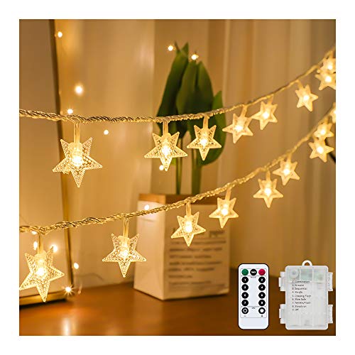 Tasodin Star String Lights Battery Operated Waterproof 40 LED 20 FT Star Fairy String Lights with Remote Control for Home, Party, Christmas, Wedding, Garden Decoration, Warm White