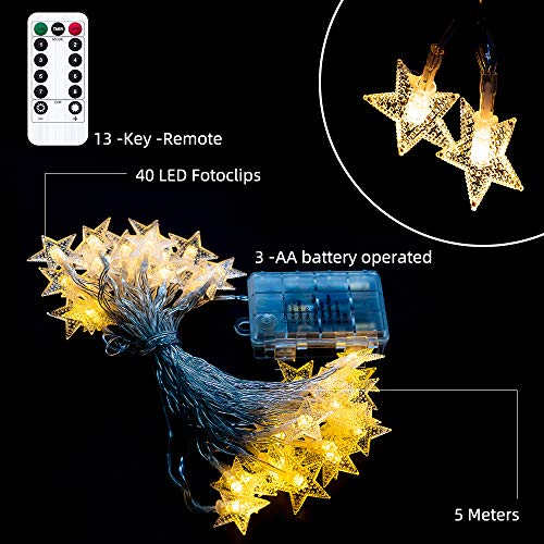 Tasodin Star String Lights Battery Operated Waterproof 40 LED 20 FT Star Fairy String Lights with Remote Control for Home, Party, Christmas, Wedding, Garden Decoration, Warm White