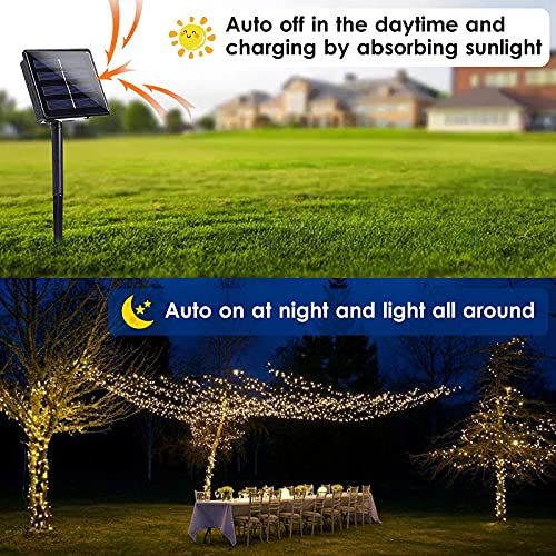 BHCLIGHT Super-Long 105FT 300 LED Solar String Lights Outdoor, Waterproof Solar Christmas Lights Outdoor with 8 Lighting Modes, Green Wire Solar Tree Lights for Patio, Garden, Party (Warm White)