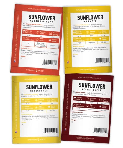 Sunflower Seeds for Planting Flowers (8 Pack) - Velvet Queen, Skyscraper, Lemon Queen, Giant , Autumn Beauty, Chocolate Cherry, Dwarf Sunspot and Mammoth Bulk Outdoor Flower Garden by Gardners Basics