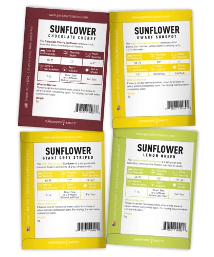 Sunflower Seeds for Planting Flowers (8 Pack) - Velvet Queen, Skyscraper, Lemon Queen, Giant , Autumn Beauty, Chocolate Cherry, Dwarf Sunspot and Mammoth Bulk Outdoor Flower Garden by Gardners Basics