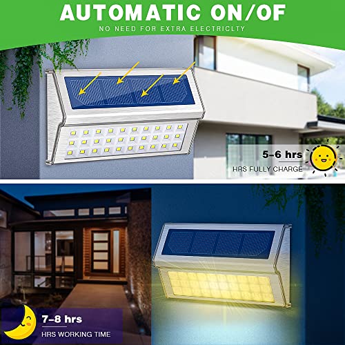 DBF 30 LED Solar Step Lights Outdoor【10 Pack,Warm White】 Stainless Steel Solar Fence Post Lights IP65 Waterproof Solar Powered Deck Stair Lighting Auto On/Off Solar Lights for Fence Yard Patio Garden