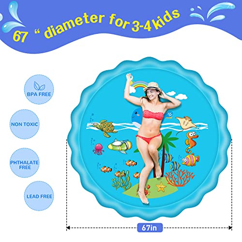 Josen 3-in-1 Baby Splash Pad, Kiddie Pool for Toddler, Sprinkler for Kids and Dogs, 67’’Inflatable Water Summer Toys, Outdoor Splash Play Mat, Outside Backyard Water Toys Gifts for Babies & Boys Girls