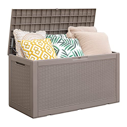 Rankok 100 Gallon Resin Deck Box Outdoor Waterproof Storage Box for Patio Furniture Outdoor Cushions Throw Pillows Garden Tools and Pool Toys With Handles (Beige)