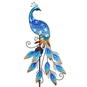 teresa’s collections outdoor decor peacock yard art with solar garden lights, 40 inch glass garden decor for outside with decorative stake lights, pathway lights lawn ornaments for patio decorations