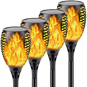 qinol 4-pack solar lights outdoor (higher & larger size) solar torches with flickering flame waterproof landscape solar torch lights for pathway garden yard- dusk to dawn auto on/off